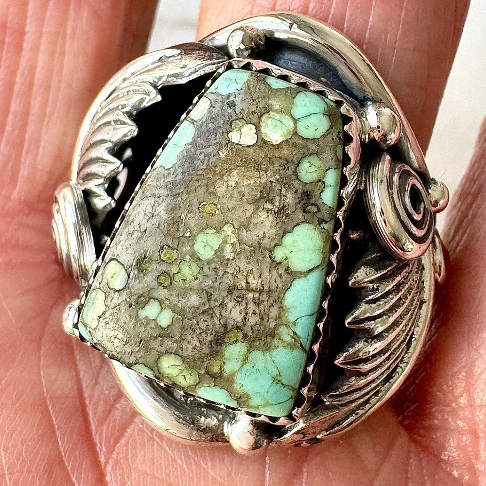 Navajo Mens Ring Sz 11 Turquoise #8 Leaf Feather Signed Morgan Sterling Native